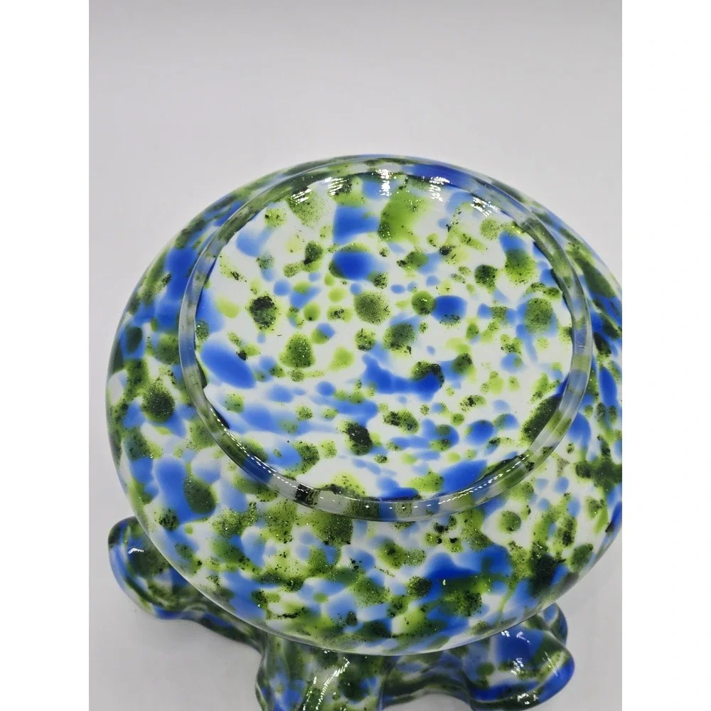 Fenton Glass Murrhina Art Glass Vase Blue Green Spatter Ruffled Rim